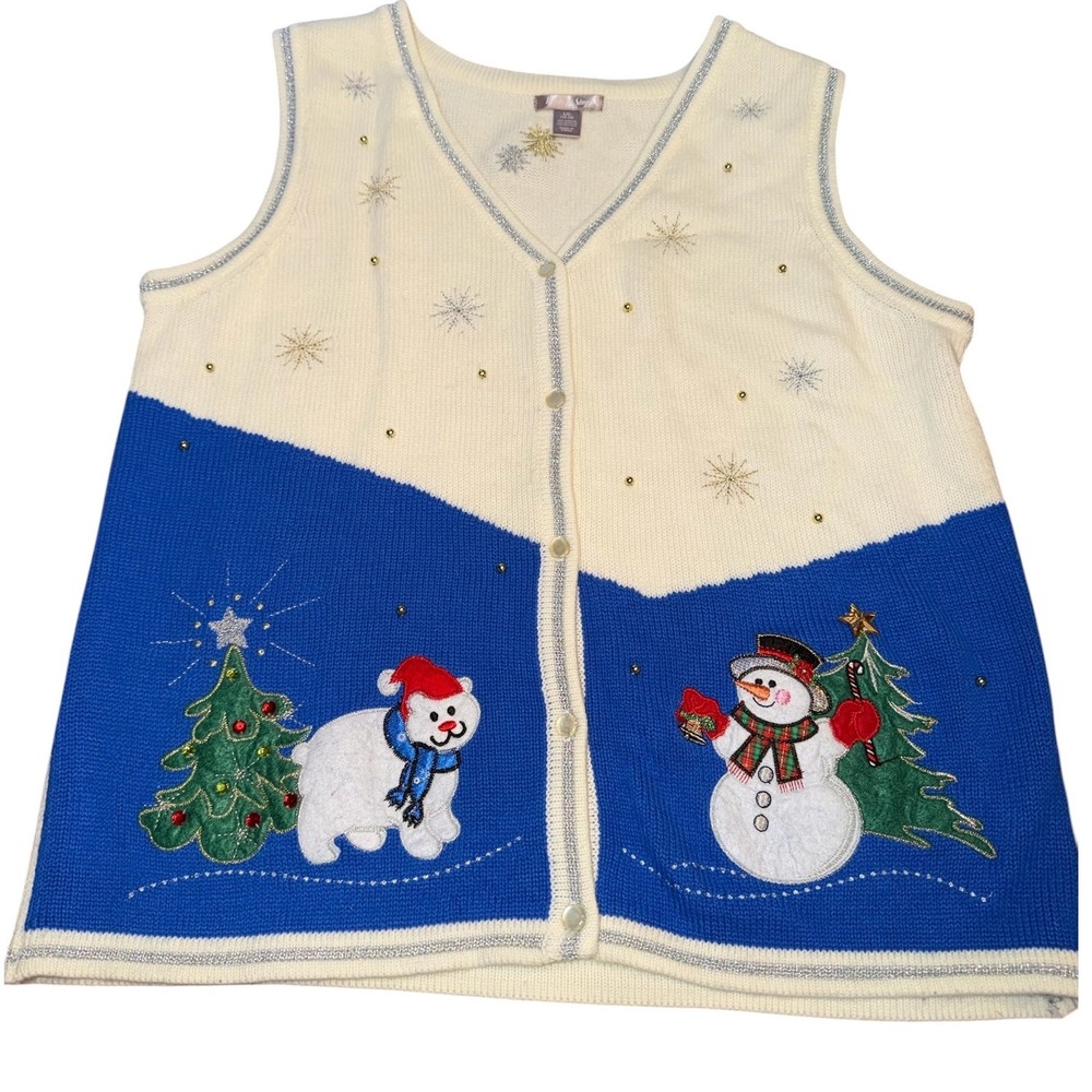 White Stag Christmas Sweater Vest Womens Large Snowman Polar Bear Ugly Sweater